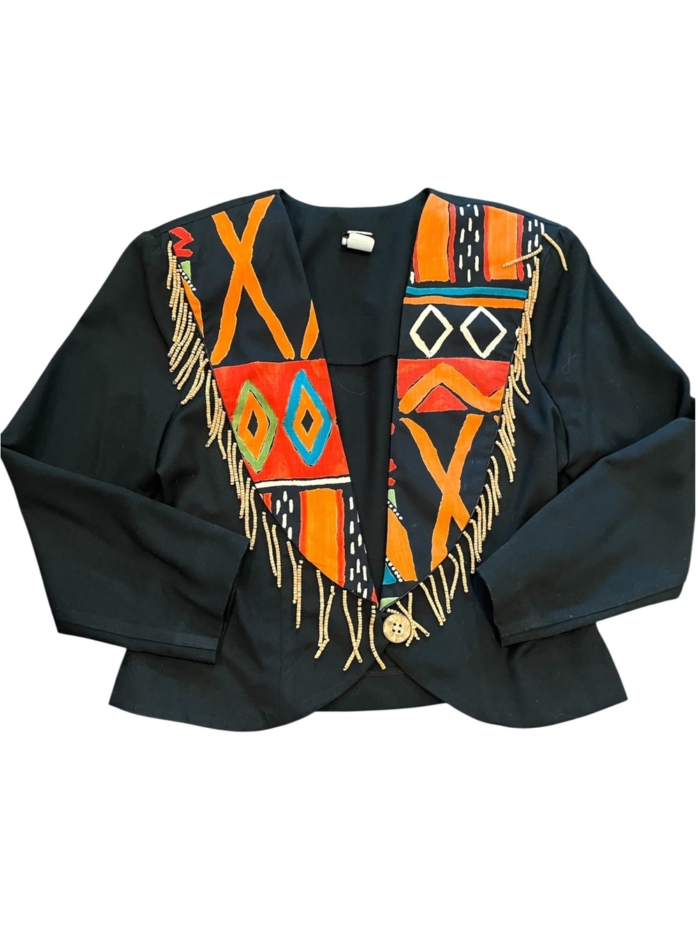 Ali Miles black embellished beaded fringe single button blazer